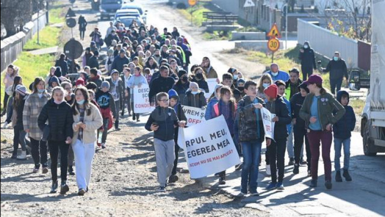 elevi din comuna bosanci in mars spre suceava pe marginea drumului, cu pancarte impotriva invatamantului online