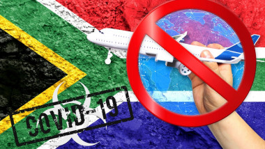 Novel coronavirus disease named COVID - 19, with the flag of South Africa shown against a cracked wall, contains the concept of a ban on air travel be