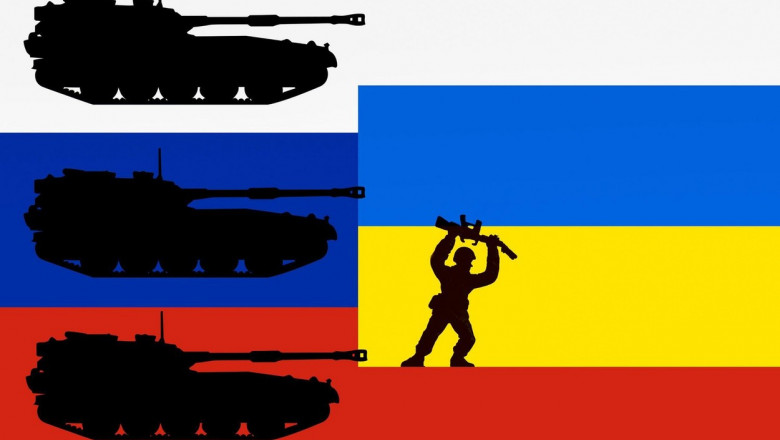 reprezentare grafica a conflictului ruso-ucrainean cu tancuri pe fondul steagului rusesc care se indreapta catre steagul ucrainean