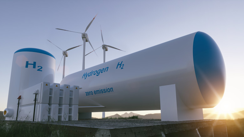 Hydrogen renewable energy production - hydrogen gas for clean electricity solar and windturbine facility.