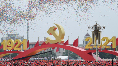 Balloons fly during the celebration marking the 100th anniversary of the founding of the Communist Party of China in Beijing on July 1, 2021