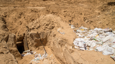 A picture taken on May 6, 2016 from the Israeli side along the border between Israel and the Gaza Strip shows the exit of an alleged offensive tunnel leading into Israel