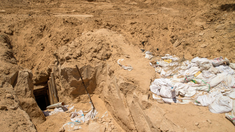 A picture taken on May 6, 2016 from the Israeli side along the border between Israel and the Gaza Strip shows the exit of an alleged offensive tunnel leading into Israel