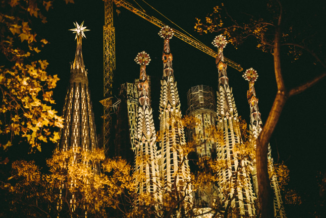 Sagrada Familia - Star of Virgin Mary's Spire Illuminated, Sagrada Familia, Barcelona, Spain - 08 Dec 2021