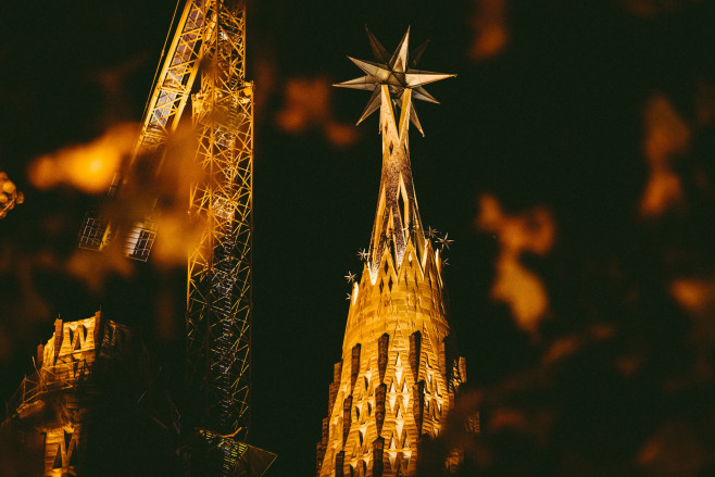 Sagrada Familia - Virgin Mary Tower Illuminated, Sagrada Familia, Barcelona, Spain - 06 Dec 2021