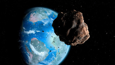 Illustration of an asteroid approaching Earth during the Cretaceous period, poised to exterminate the dinosaurs