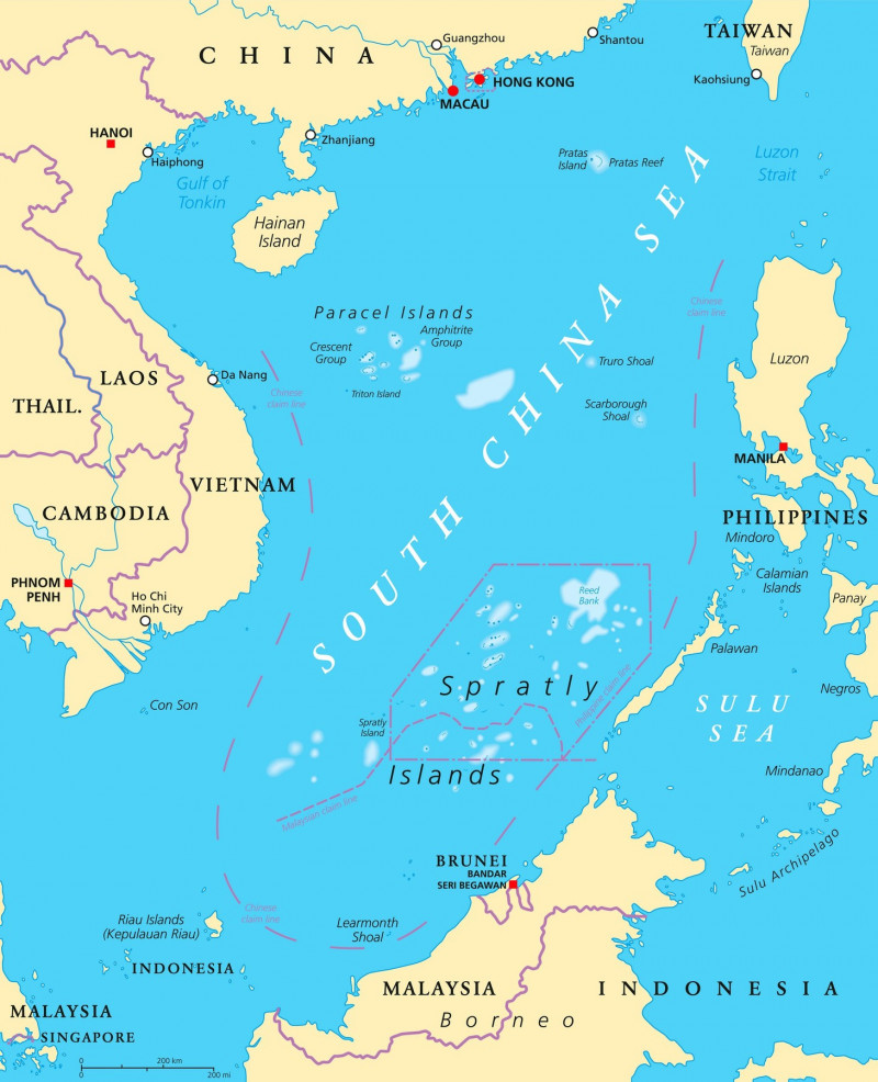 South China Sea Islands, political map. Paracel Islands and Spratly Islands. Partially claimed by China and other neighboring states. Illustration.