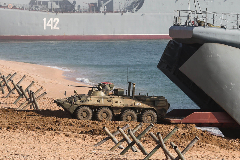 Crimea, Russia. 18th Oct, 2021. A BTR-82A armored personnel carrier lands from a large landing ship during an exercise in amphibious landing on an unimproved shore held by army corps and naval infantry units of the Russian Black Sea Fleet at the Opuk rang