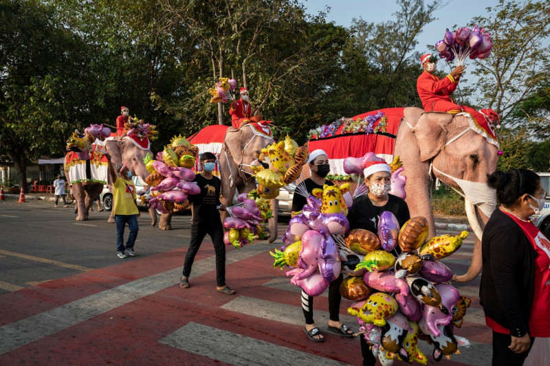 Elephant Santas Deliver Presents To Schoolchildren