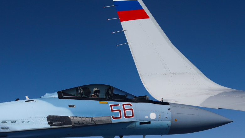 Russian Sukhoi Su-27 fighter jets escort aircraft carrying Defense Minister Shoigu over Baltic Sea