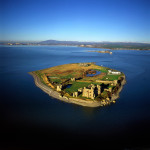 Aerial image of Piel Castle (Fouldry Castle) (Fouldrey Castle), a concentric medieval fortification with a keep and three towers, Piel Island, Furness Peninsula, Barrow in Furness, Cumbria, England, United Kingdom