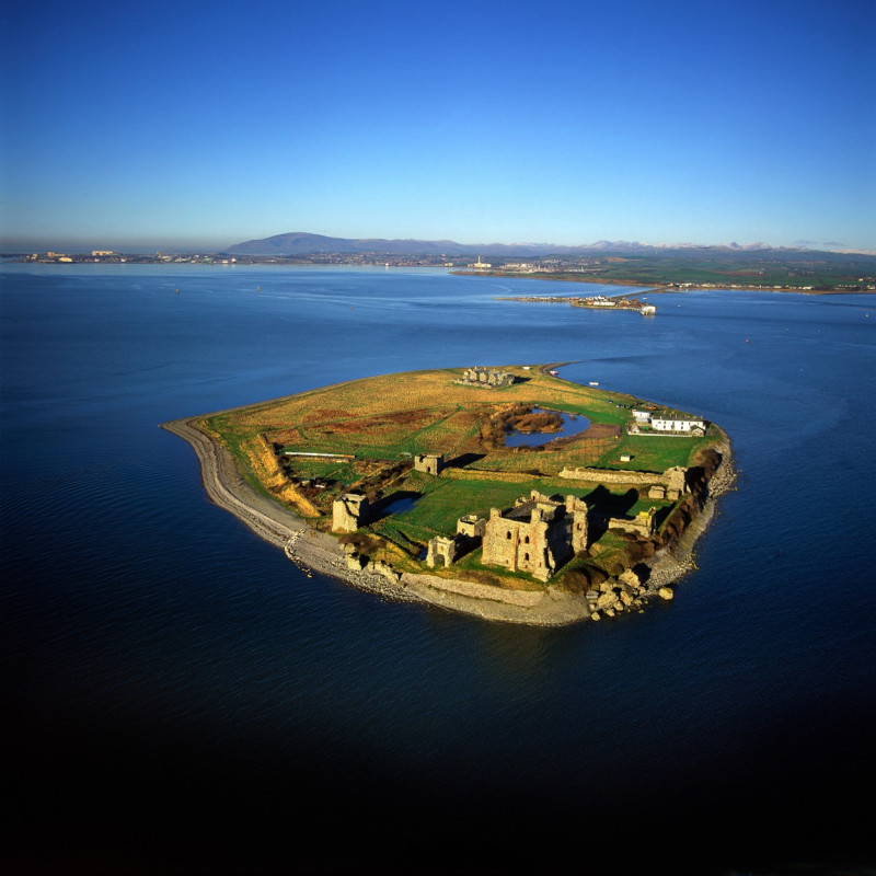 Aerial image of Piel Castle (Fouldry Castle) (Fouldrey Castle), a concentric medieval fortification with a keep and three towers, Piel Island, Furness Peninsula, Barrow in Furness, Cumbria, England, United Kingdom
