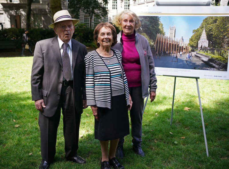 Holocaust survivors (left to right) Sir Ben Helfgott, Lily Ebert BEM and Susan Pollack MBE at Victoria Gardens in Westminster, London, celebrating the go-ahead being given to a Holocaust memorial. Picture date: Thursday July 29, 2021.