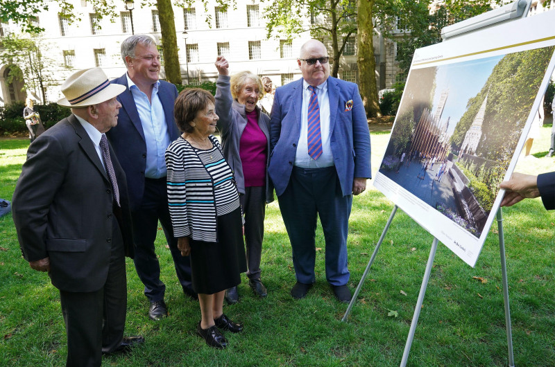 Former Conservative MP Eric Pickles (right) and Ed Balls with holocaust survivors Sir Ben Helfgott, Lily Ebert BEM (3rd left) and Susan Pollack MBE at Victoria Gardens in Westminster, London, celebrating the go-ahead being given to a Holocaust memorial. P