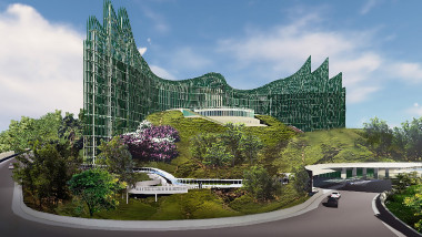 Imagine computerizată publicată de firma de arhitectură Nyoman Nuarta cu viitorul palat prezidențial al Indoneziei din Nusantara.