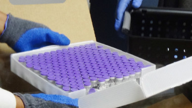 Doze de vaccin Pfizer intr-o cutie de carton tinuta in maini