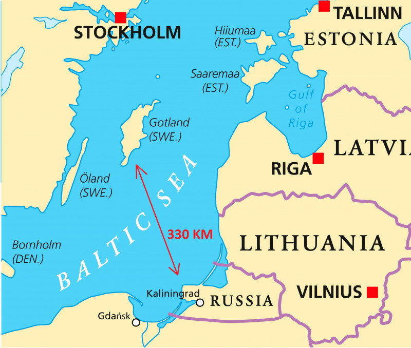 Baltic Sea Area Political Map with capitals, national borders, important cities, rivers and lakes. English labeling and scaling.