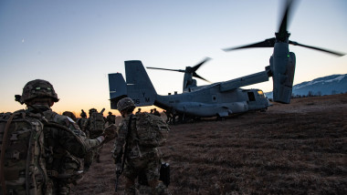 U.S. Army paratroopers assigned to 1st Battalion, 503rd Parachute Infantry Regiment load a V-22 Osprey aircraft from the 2nd Marine Aircraft Wing for extraction from their objective. This training is part of the North and West African Response Force valid