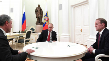 Russian President Vladimir Putin meets with State Duma Speaker Vyacheslav Volodin, left, and Head of the Political Council of the Ukrainian party Opposition Platform For Life Viktor Medvedchuk, right, at the Kremlin March 10, 2020 in Moscow, Russia.