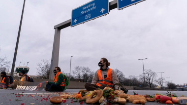 activisti pe asfalt inconjurati de alimente