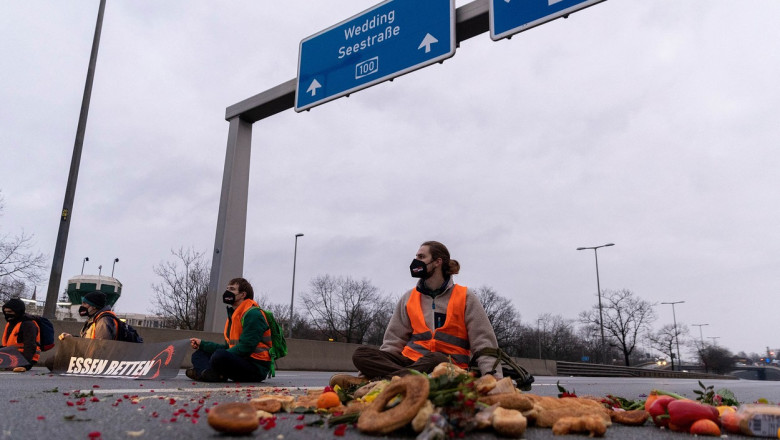 activisti pe asfalt inconjurati de alimente