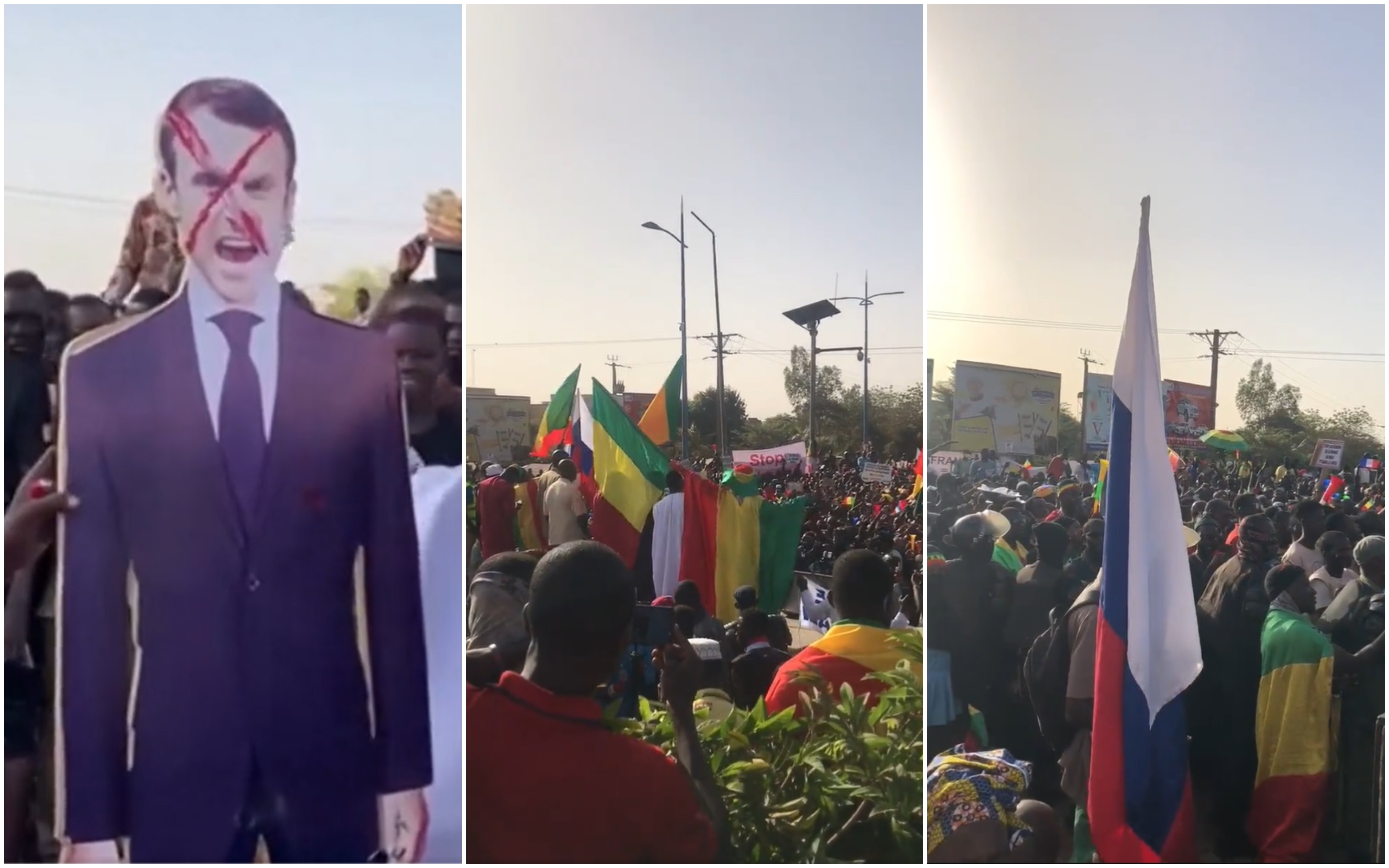 Mii de oameni din Mali au ieșit să protesteze împotriva Franței, fluturând steagul Rusiei. Aceștia au dat foc unor decupaje cu Macron