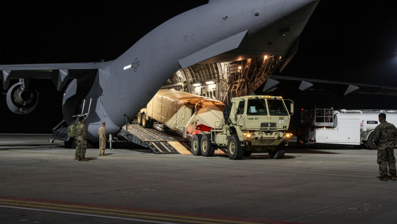 American troops offload a Terminal High Altitude Area Defense (THAAD) radar from a C-17 Globemaster III at Mihail Kogalniceanu (MK) Air Base, Romania, May 3, 2019. The THAAD deployed to Romania from 69th Air Defense Artillery Brigade, 32nd Army Air and Mi