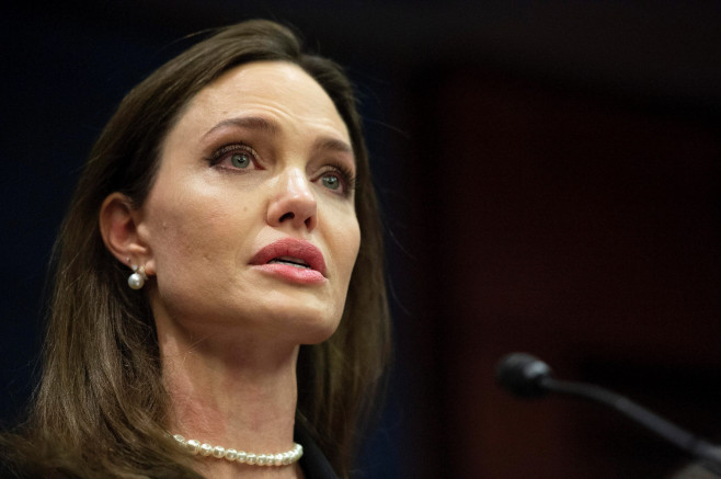 Actress Angelina Jolie speaks during a press conference announcing the bipartisan updated Violence Against Women Act (VAWA) at the US Capitol in Washington, DC on Wednesday, February 9, 2022.