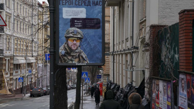An advertisement using the image of a solider in Kyiv on February 7, 2022