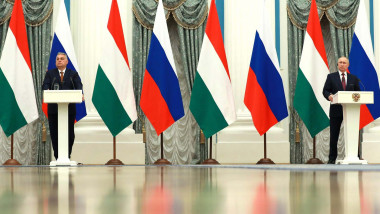 Russian President Vladimir Putin at a news conference in Moscow, Russia, on Feb 2, 2022 with the visiting prime minister of Hungary Viktor Orban