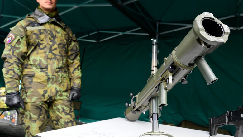 Prague, Czech Republic. 12th Mar, 2019. Carl Gustaf M3 recoilless rifle, multi-role recoilless weapon, at Czech Army presentation event on 20th anniversary of the Czech Republic's joining NATO took place at Hradcanske namesti, Prague, Czech Republic, on T