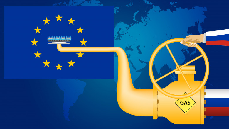 grafica pentru dependenta ue de gazul rusesc: o conducta tinuta de o mana in steagul rusiei alimenteaza o flacara de aragaz in mijlocul steagului ue