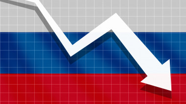 White arrow fall down on the background of the flag Russia, economy concept