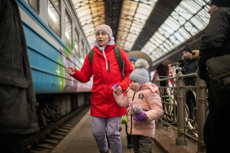 Ukrainians fleeing the fighting in the east seek wait for trains to Poland - Lviv, Ukraine, March 8th, 2022