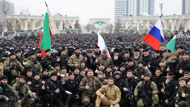 Grozny, Chechen Republic, Russia. 25th Feb, 2022. Ramzan Kadyrov (R center), head of the Chechen Republic, takes part in a review of the Chechen Republic's troops and military hardware at the residence of Ramzan Kadyrov, head of the Chechen Republic. Earl