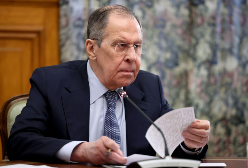 Moscow, Russia. 25th Feb, 2022. Russia's Foreign Minister Sergei Lavrov looks on during a meeting with Vladislav Deinego, foreign minister of the Lugansk People's Republic (LPR), and Sergei Peresada, first deputy foreign minister of the Donetsk People's R