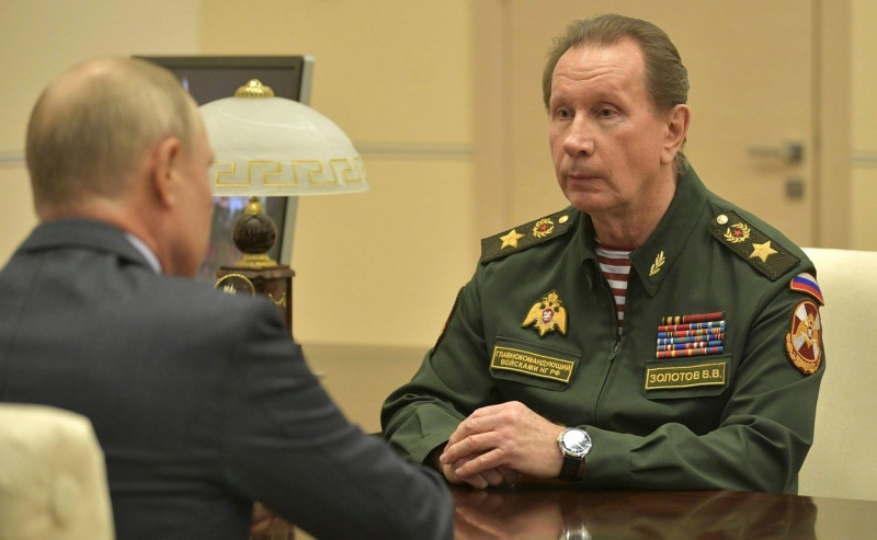 Russian President Vladimir Putin, holds a face-to-face meeting with the Commander of the Russian National Guard Viktor Zolotov during the COVID-19, coronavirus pandemic at his office at the Novo-Ogaryovo state residence May 6, 2020 outside Moscow, Russia.