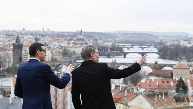 Prague, Czech Republic. 03rd Feb, 2022. Polish PM Mateusz Morawiecki (left) arrived in Prague, Czech Republic to discuss bilateral cooperation with his Czech counterpart Petr Fiala, February 3, 2022, they may sign the deal on the Polish Turow mine. Credit
