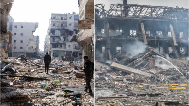 Colaj cu blocurile bombardate în Siria și Ucraina. Foto: Profimedia Images