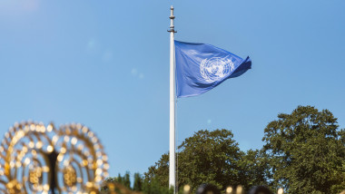 un flag in front of the international court of justice freedom palace the hague netherlands