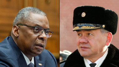This combination of pictures created on January 06, 2022 shows US Secretary of Defense Lloyd Austin on September 29, 2021 in Washington, DC and Defense Minister Sergei Shoigu in Moscow