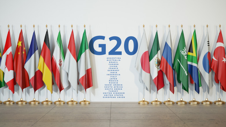G20 summit or meeting concept. Row from flags of members of G20 Group of Twenty and list of countries,