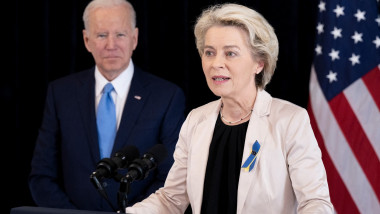 Joe Biden și Ursula von der Leyen. la o conferinta de presa