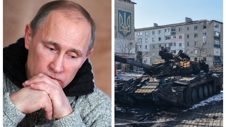 Vladimir Putin și un tanc rusesc distrus