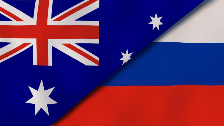Two states flags of Australia and Russia. High quality business background. 3d illustration