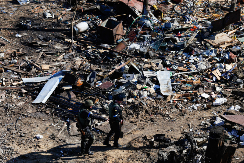 Destroyed residential building after a rocket attack in Kyiv, Ukraine - 18 Mar 2022