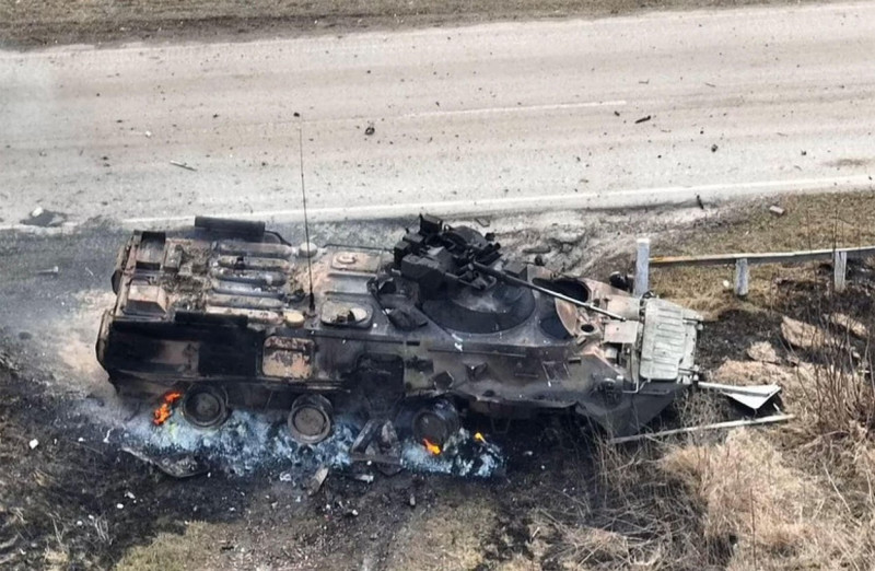 UKRAINIAN WAR Russian armoured personnel carrier destroyed by Ukrainian Special Forces, March 2022.