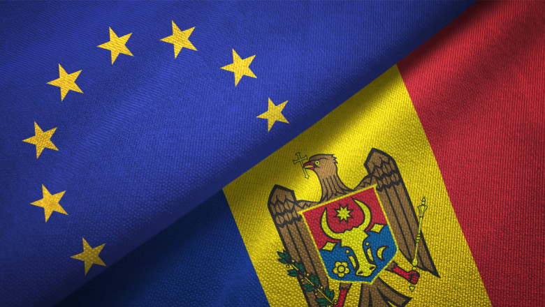 Moldova and European Union two flags together realations textile cloth fabric texture