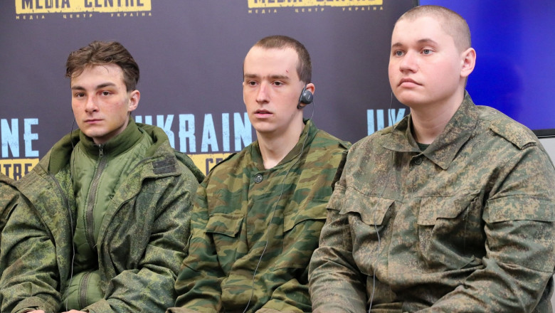 Students Vladislav Vasylchenko, Ruslan Priymachuk and Artur Klinov (L to R) are pictured during the briefing of POW students from Donetsk universities who were forcibly mobilized into the ranks of the occupier army of the so-called "DNR"