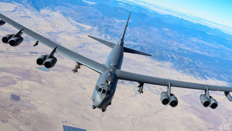 A B-52 Stratofortress assigned to the 96th Bomb Squadron Barksdale Air Force Base, Louisiana, prepares to refuel with a KC-135 Stratotanker assigned to the 465th Air Refueling Squadron, Tinker AFB, Oklahoma, above the Rocky Mountains, Dec. 13, 2021. Aeria